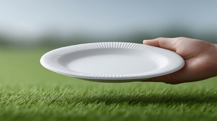 A clean white paper plate is gently held in hand, above lush green grass, ready.