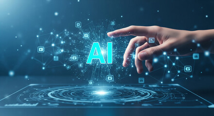 Hand interacting with digital AI interface, showcasing technological innovation and connection, symbolizing future technology and smart solutions