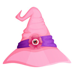 Witch hat with creepy flower eye in pink color. Halloween, spooky, magic, mystical designs elements. Cartoon vector illustration.