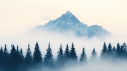 Obraz premium A misty mountain scene with towering peaks emerging above the fog, surrounded by evergreen trees and a tranquil atmosphere.