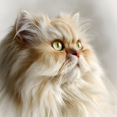 Cozy Moments with a Persian Cat: Elegant Portrait on Soft White Backdrop for Messaging captures warmth, comfort, and timeless charm.The serene expression of the Persian cat,paired with its fluffy coat