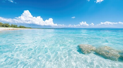 A serene beach scene with crystal clear water and fluffy clouds above. Perfect for relaxation and vacation imagery.