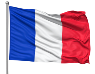 Photorealistic French Tricolor Flag Fluttering, Transparent Background PNG