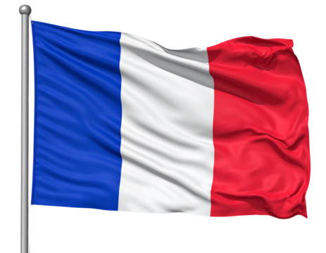 Photorealistic French Tricolor Flag Fluttering, Transparent Background PNG