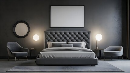 Bedroom, Interior, Design, Modern Dark Grey Bedroom Interior Design with Mockup Frame