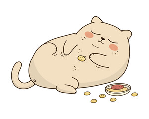 Chubby Cartoon Cat Eating Food for a Fun and Relaxed Home Theme Illustration. Vector illustration