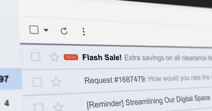 Incoming email with Flash Sale promotional title, new e-mail in inbox folder with marketing or promotional email notification, webmail interface close up footage