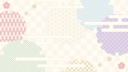 16:9の背景素材：日本の伝統的な柄で描いた雪輪と梅のある風景のイラストレーション