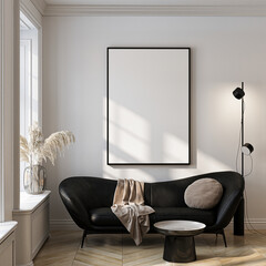 Naklejka na ściany i meble Frame mockup, ISO A paper size. Living room wall poster mockup. Interior mockup with house background. Modern interior design. 3D render 