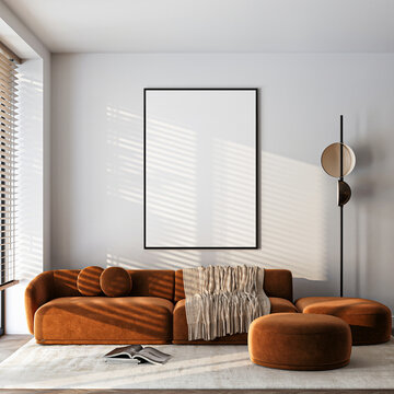 Frame mockup, ISO A paper size. Living room wall poster mockup. Interior mockup with house background. Modern interior design. 3D render
