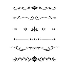 Vector dividers calligraphic line element.Set of Black Hand Drawn Rustic Doodle Design Elements. Decorative Floral Swirls, Scrolls, Text Frames, Dividers. Vintage Vector Illustration. 
