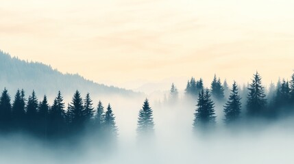 Obraz premium A serene landscape featuring misty forests and gentle hills, capturing the tranquility and beauty of nature at dawn.