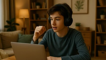 Teenage boy with headphones attending online class on laptop in room with bookshelf - concept of remote learning for students - Powered by Adobe