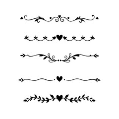 Vector dividers calligraphic line element.Set of Black Hand Drawn Rustic Doodle Design Elements. Decorative Floral Swirls, Scrolls, Text Frames, Dividers. Vintage Vector Illustration. 
