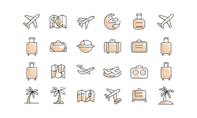 Modern vector illustration set titled Travel and Vacation Icon collection, transport, and beach leisure. Include elements such as airplanes, luggage, beachwear, maps, hotel buildings, easily editable.