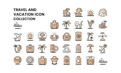 Modern vector illustration set titled Travel and Vacation Icon collection, transport, and beach leisure. Include elements such as airplanes, luggage, beachwear, maps, hotel buildings, easily editable.