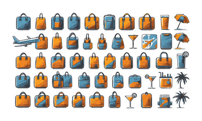 Modern vector illustration set titled Travel and Vacation Icon collection, transport, and beach leisure. Include elements such as airplanes, luggage, beachwear, maps, hotel buildings, easily editable.