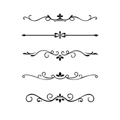 Vector dividers calligraphic line element.Set of Black Hand Drawn Rustic Doodle Design Elements. Decorative Floral Swirls, Scrolls, Text Frames, Dividers. Vintage Vector Illustration. 
