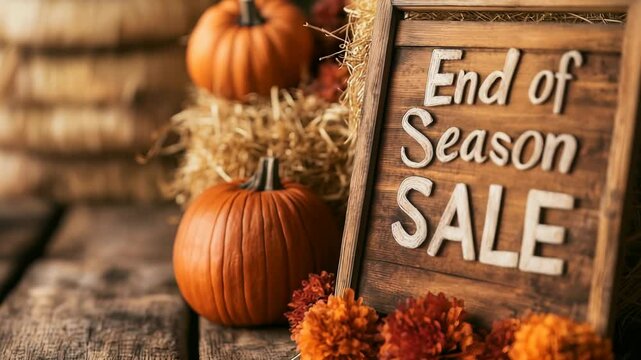An End of Season Sale sign on a rustic wooden board with autumn pumpkins, hay, and flowers, perfect for fall retail promotions, store marketing, and seasonal advertisements.