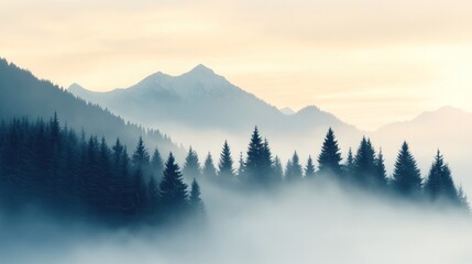 Obraz premium A serene mountain landscape shrouded in mist, showcasing towering trees and distant peaks under a soft, dreamy atmosphere.