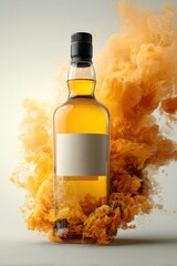 Elegant Whiskey Bottle Surrounded by Ethereal Golden Mist in Dramatic Lighting