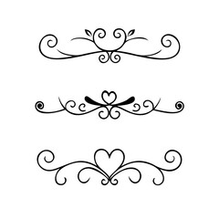 Vector dividers calligraphic line element.Set of Black Hand Drawn Rustic Doodle Design Elements. Decorative Floral Swirls, Scrolls, Text Frames, Dividers. Vintage Vector Illustration. 
