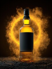 Elegant Whiskey Bottle Surrounded by Ethereal Golden Mist in Dramatic Lighting