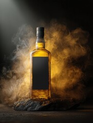 Elegant Whiskey Bottle Surrounded by Ethereal Golden Mist in Dramatic Lighting
