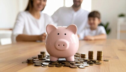 pink piggy bank sits on table surrounded by stacks of coins, symbolizing savings and financial planning. family is blurred in background, emphasizing importance of teaching children about money 