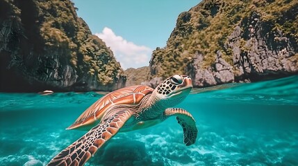 Sea turtle, Turtle, Underwater, Sea Turtle Swimming in Crystal Clear Water