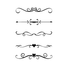 Vector dividers calligraphic line element.Set of Black Hand Drawn Rustic Doodle Design Elements. Decorative Floral Swirls, Scrolls, Text Frames, Dividers. Vintage Vector Illustration. 

