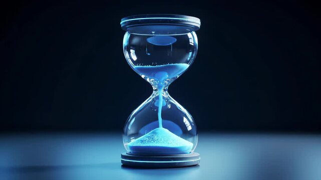 Modern hourglass with blue sand on a dark background. The sand flows smoothly through the narrow center, symbolizing the passage of time. Minimalist 3D animation with soft lighting and futuristic aest