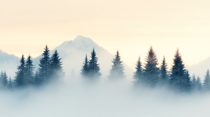 Fototapeta premium A serene winter landscape showcasing pine trees shrouded in fog against a backdrop of distant mountains.