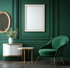 Stylish interior featuring green walls and elegant furniture.