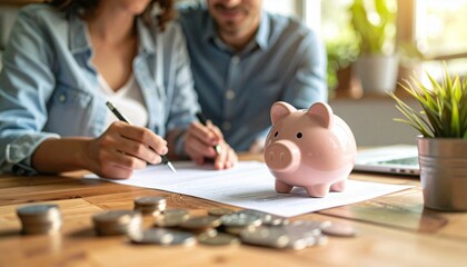 Saving money concept. Couple reviewing financial documents with a piggy bank on the table, emphasizing savings and financial planning.