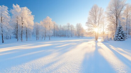Obraz premium A serene winter landscape showcasing tall trees covered in snow, illuminated by the soft glow of sunlight, evoking peace and tranquility.