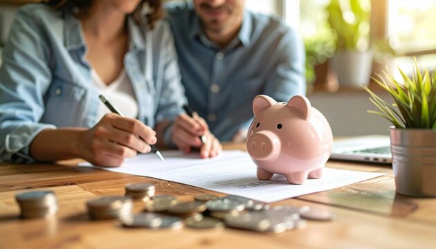 Saving money concept. Couple reviewing financial documents with a piggy bank on the table, emphasizing savings and financial planning.