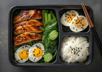 Healthy asian style bento box with grilled chicken