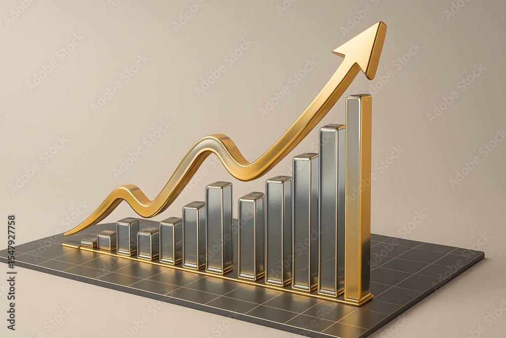 Poster 3d graph with rising arrow and gold accents on a modern background