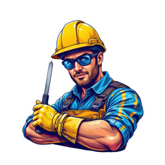 A confident construction worker wearing a yellow hard hat, protective gloves and blue safety glasses, gripping a knife with a determined expression.