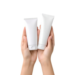 Woman Hand Holding Blank White Bottles on Transparent Background
