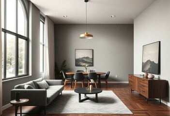 Fototapeta premium Muted tones, subtle brass lighting, statement ceiling