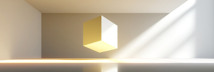Fototapeta premium Floating yellow block in clean white room with light shadows 
