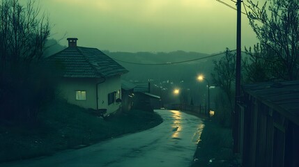 Fototapeta premium Rain, Night, Village, Rainy Night in a Mountain Village