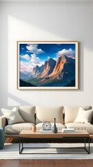 Modern Living Room Interior with Framed Mountain Landscape Art, Minimalist Sofa, Elegant Decor, and Sunlit Wall — Contemporary Home Design with Nature-Inspired Wall Art..