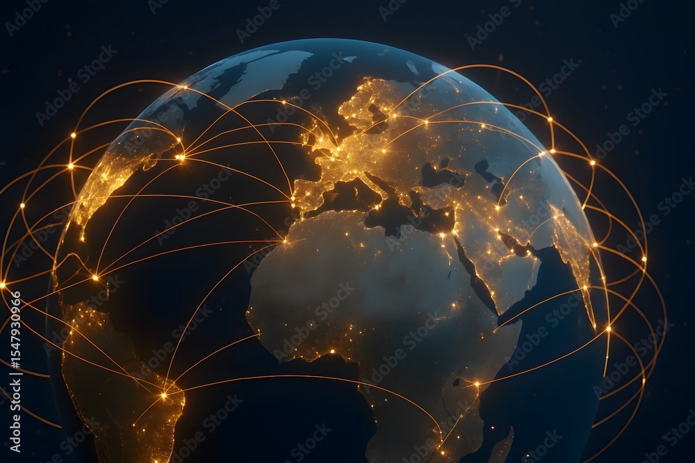 Poster Global Network Connections with Bright Lines Linking Continents