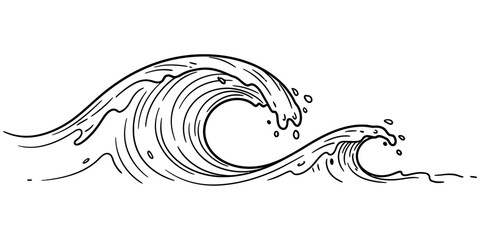 Hand-drawn vector illustration of ocean waves in motion, with dynamic curling lines and water splashes, capturing the natural energy and flow of sea surf in black and white style.