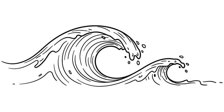 Hand-drawn vector illustration of ocean waves in motion, with dynamic curling lines and water splashes, capturing the natural energy and flow of sea surf in black and white style.