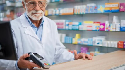 Pharmacist in a white coat holding a payment terminal as a customer pays with a credit card at a pharmacy counter, surrounded by shelves of medicine.
