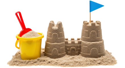 Isolated sandcastle with bucket and shovel
